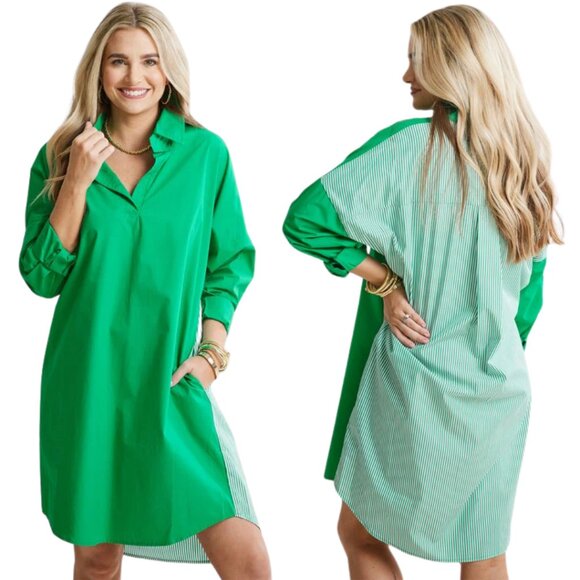 Caryn Lawn Preppy Gameday Back Stripe Mini Shirt Dress Womens One Size Green NWT - Picture 1 of 14